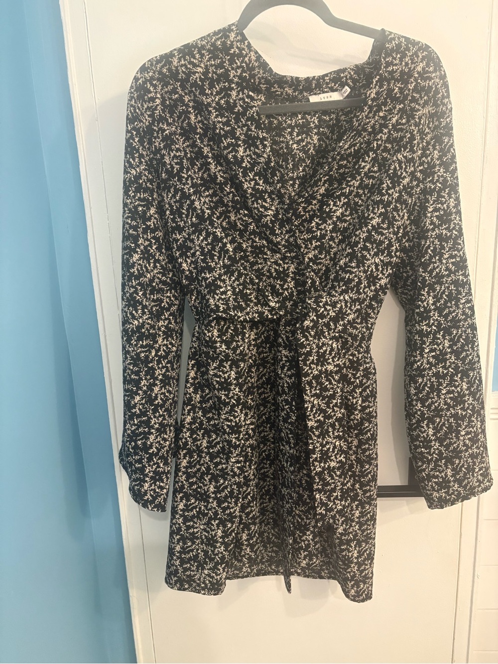 Lush Black and Cream Long-Sleeve Floral Tie-Waist Dress
